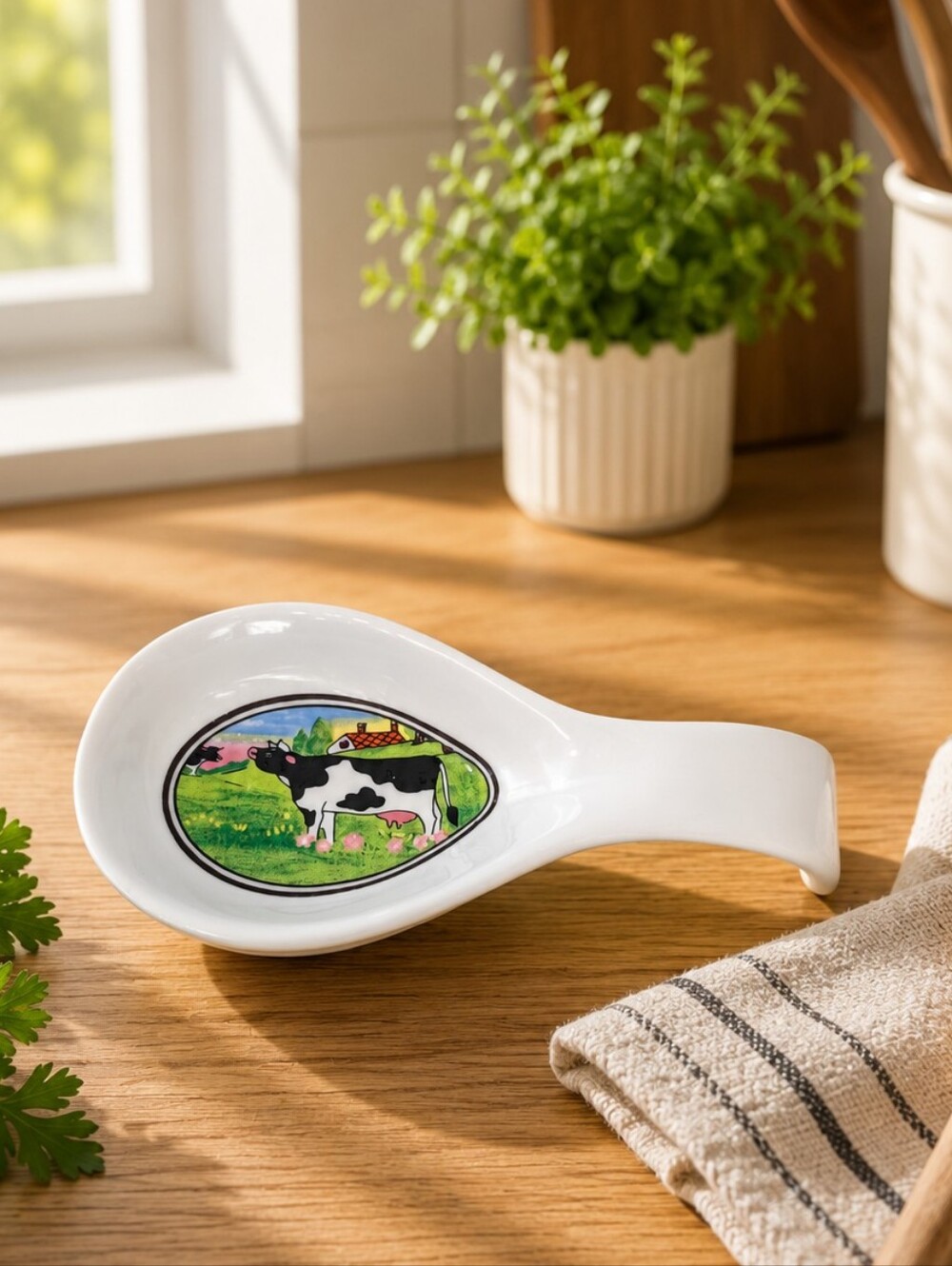 Vintage Country Cow Ceramic Spoon Rest Holder - Farmhouse Kitchen Counter Decor